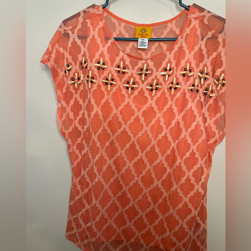 Ruby Rd Brand Size Pxl Short Sleeve Orange Shirt With Beading Ruby Rd Brand Size Pxl Short Sleeve Orange Shirt With Beading